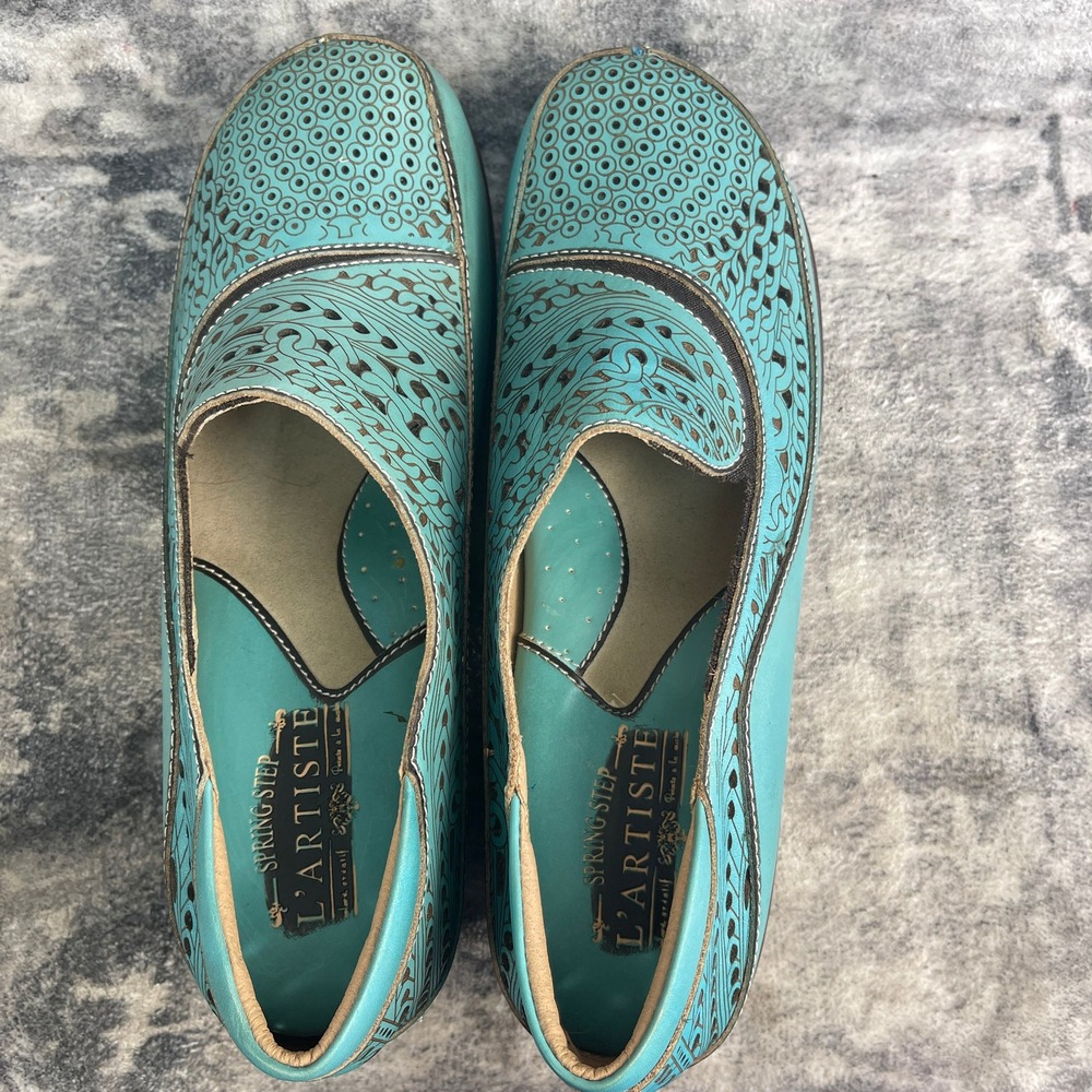 L'Artiste Spring Step Womens 41 Hanna Slip On Loafer Perforated Floral Turquoise - Picture 5 of 12